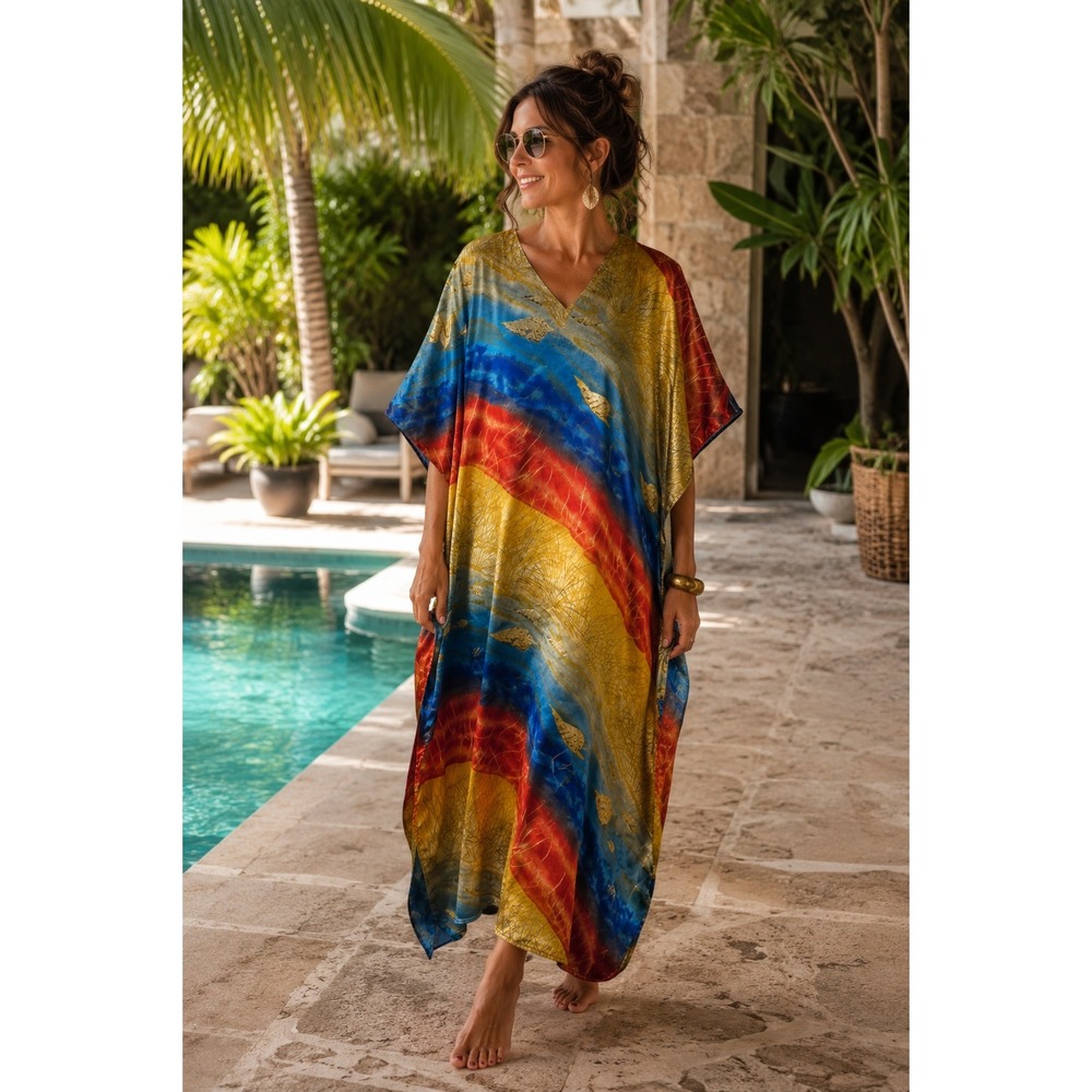 Winlar Caftan Maxi Dress One Size Red Blue Yellow Seashell Print Resort Wear